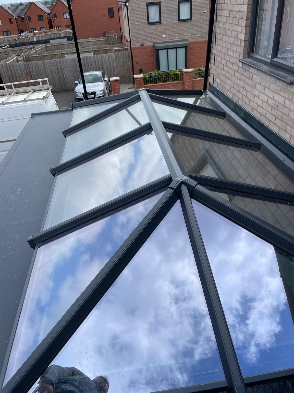 Glazed orangery roof lantern with dark aluminium framing in Staffordshire